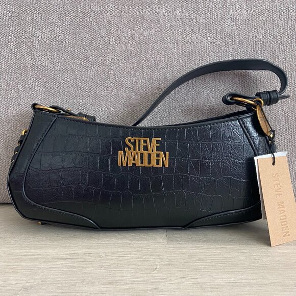 Steve Madden Crocodile Embossed Leather Handbag|Black Croc Baguette Shoulder Bag - Picture 8 of 11